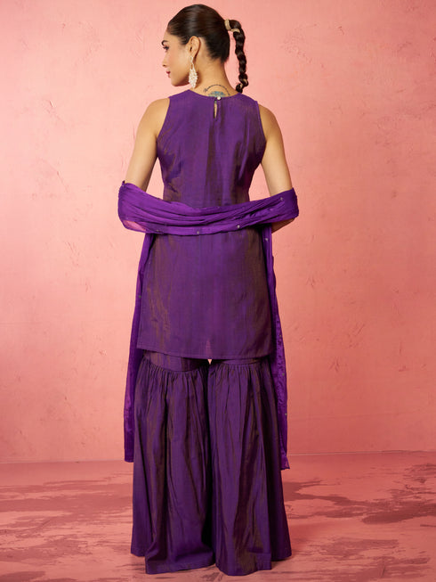 Women's Purple Cotton Kurta Sharara Set